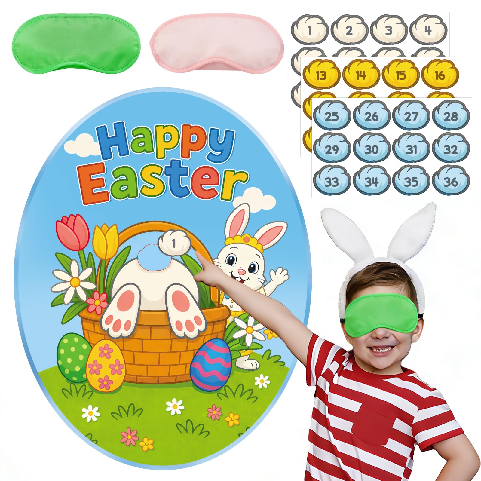 LIJUGITF Happy Easter Party Game for Kids Adults, Pin the Tail on the Bunny Game Poster with 36 Tails Stickers for Easter Party Decorations, Spring Home Classroom Bunny Themed Birthday Activities