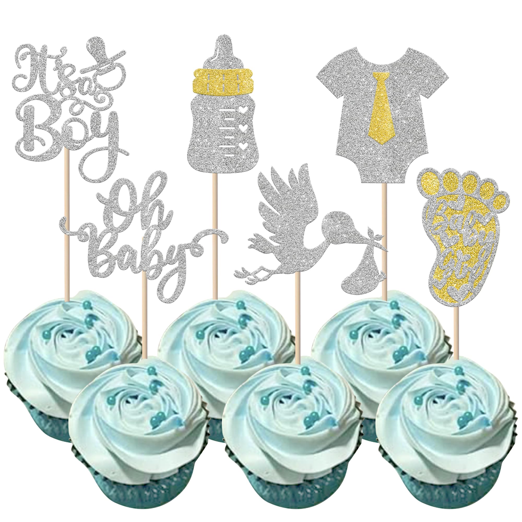Xsstarmi 24 Pack It's a Boy Cupcake Toppers Silver Glitter Baby Footprints Bodysuit Bottle Cupcake Picks Gender Reveal Theme Cake Decorations for Baby Shower Boy's Birthday Party Cake Supplies