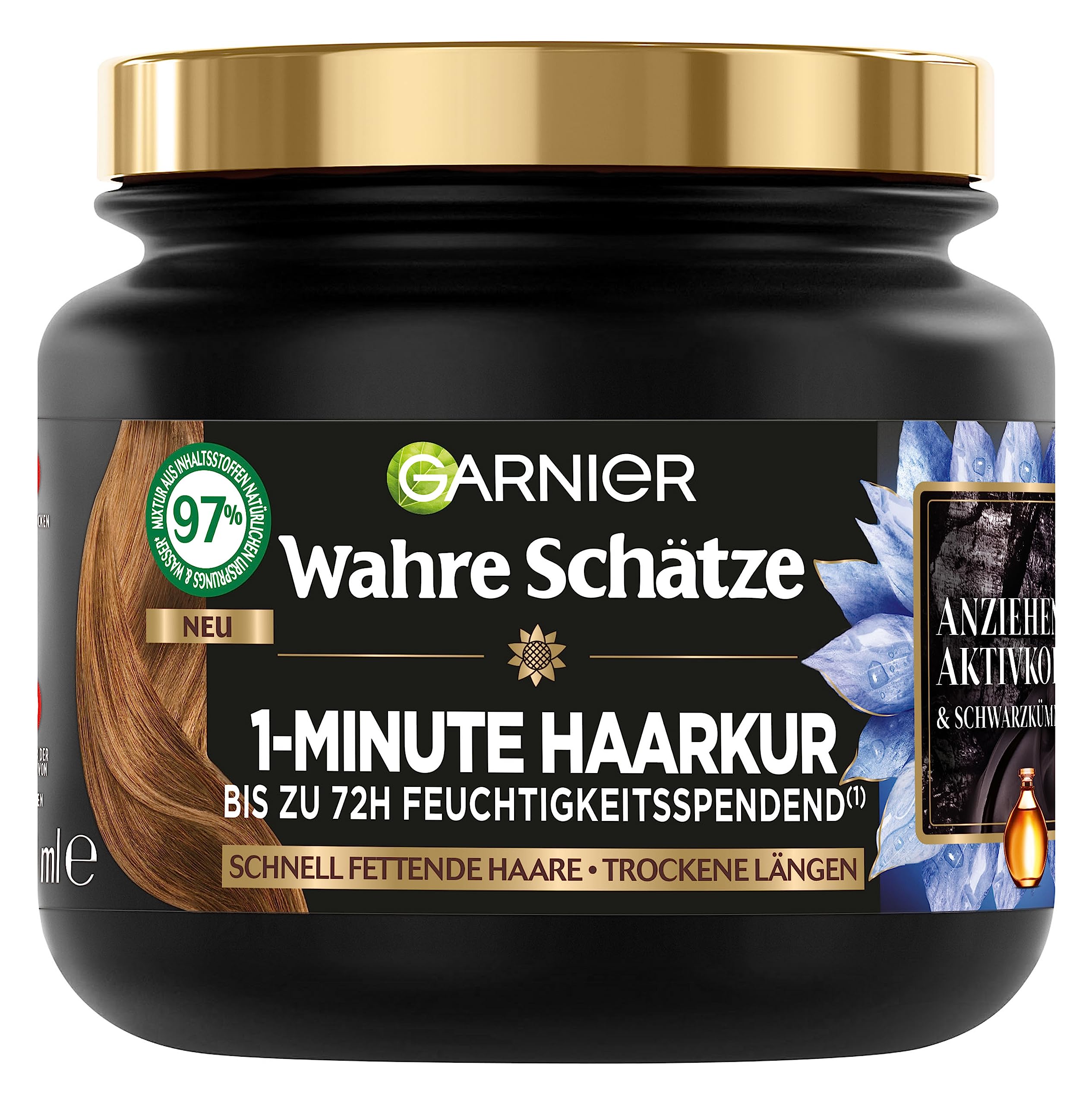 Garnier True Treasures Balancing Charcoal Hair Mask, Hair Treatment for Quickly Greasy Scalp and Dry Hair Lengths, Activated Carbon and Black Cumin Oil, 340 ml (Pack of 1) — image 1