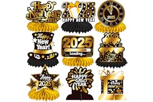 UMONI 12pcs Happy New Year Honeycomb Centerpieces 2025 New Year Eve Party Supplies Black Gold New Year Party Table Topper 3D New Years Table Decorations for Celebrate New Years Eve Party Decorations 2025