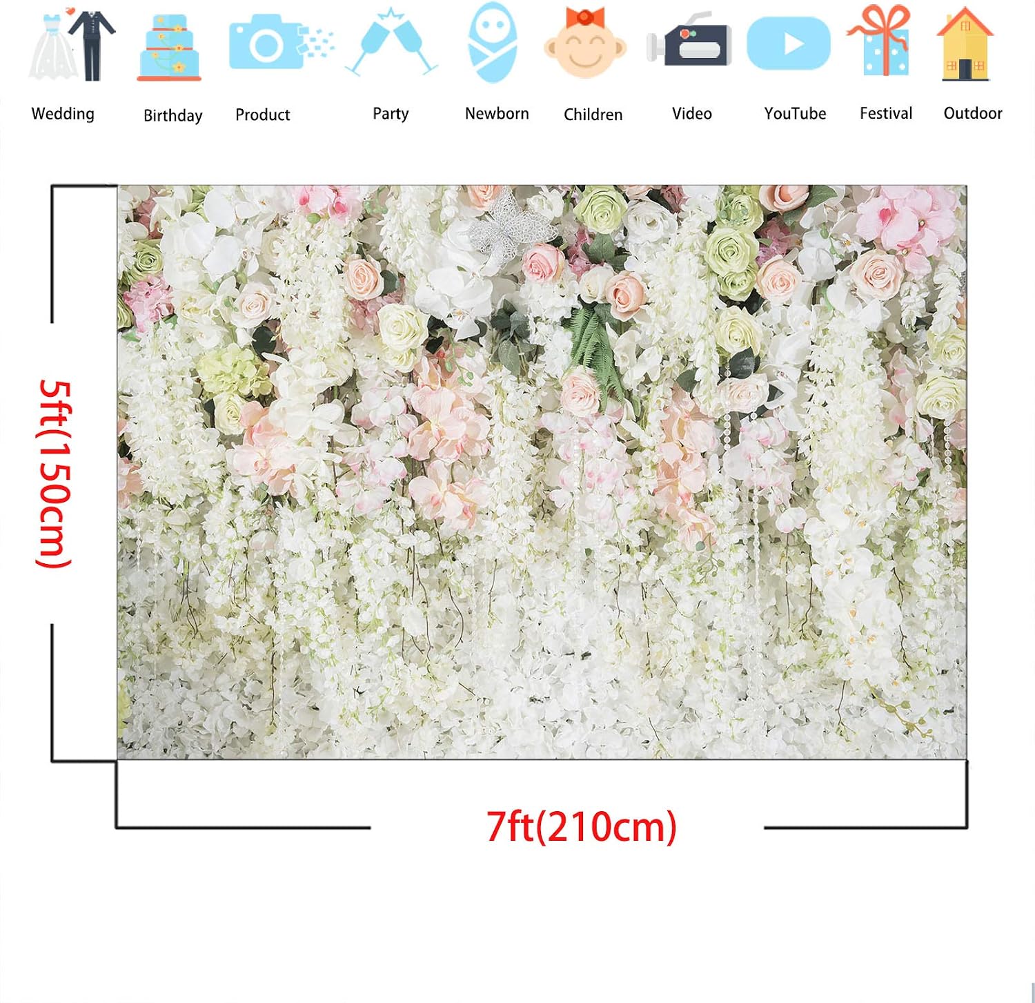 Avezano 7x5ft Wedding Flower Photography Background Floral Curtain White Flower Wall Backdrops for Baby Shower Birthday Party Ceremony Wall Decoration Banner - Image 4