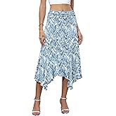 NILOUFO Womens Flowy High Waisted Midi Skirt, Asymmetrical Handkerchief Hem A-Line Summer Skirts Lightweight Pull-On with Elastic Waist (Ripple Blue White, Medium)
