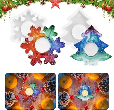 Gukasxi 2pcs Tealight Silicone Resin Molds Snowflake & Tree Candle Holders