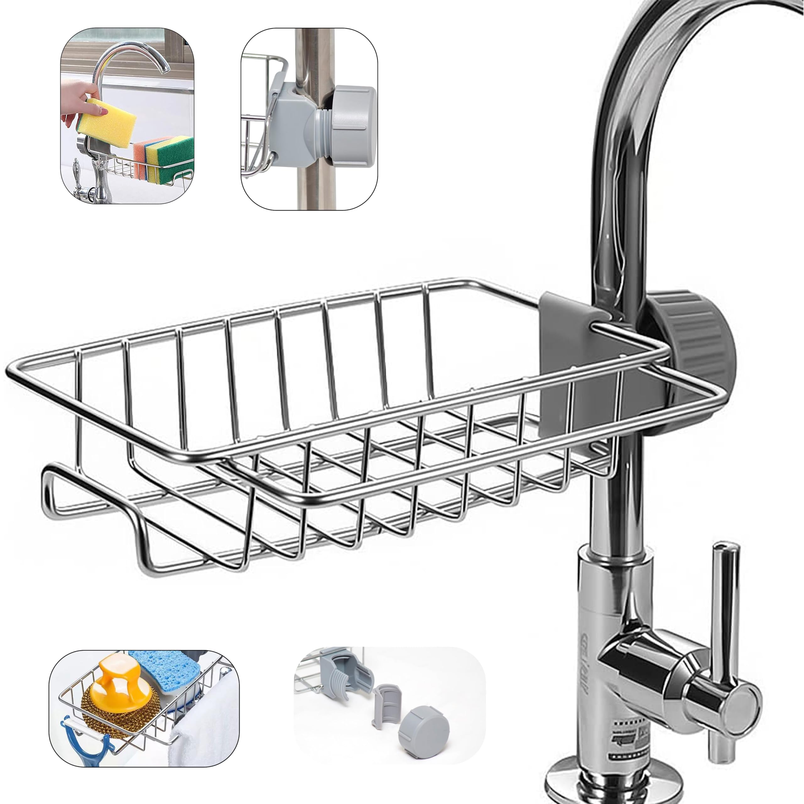Stainless Steel Sink Drain Rack - Faucet Sponge Holder - Kitchen and Bathroom Storage Shelf - Hanging Soap Dish Brush Dishcloth Drainer