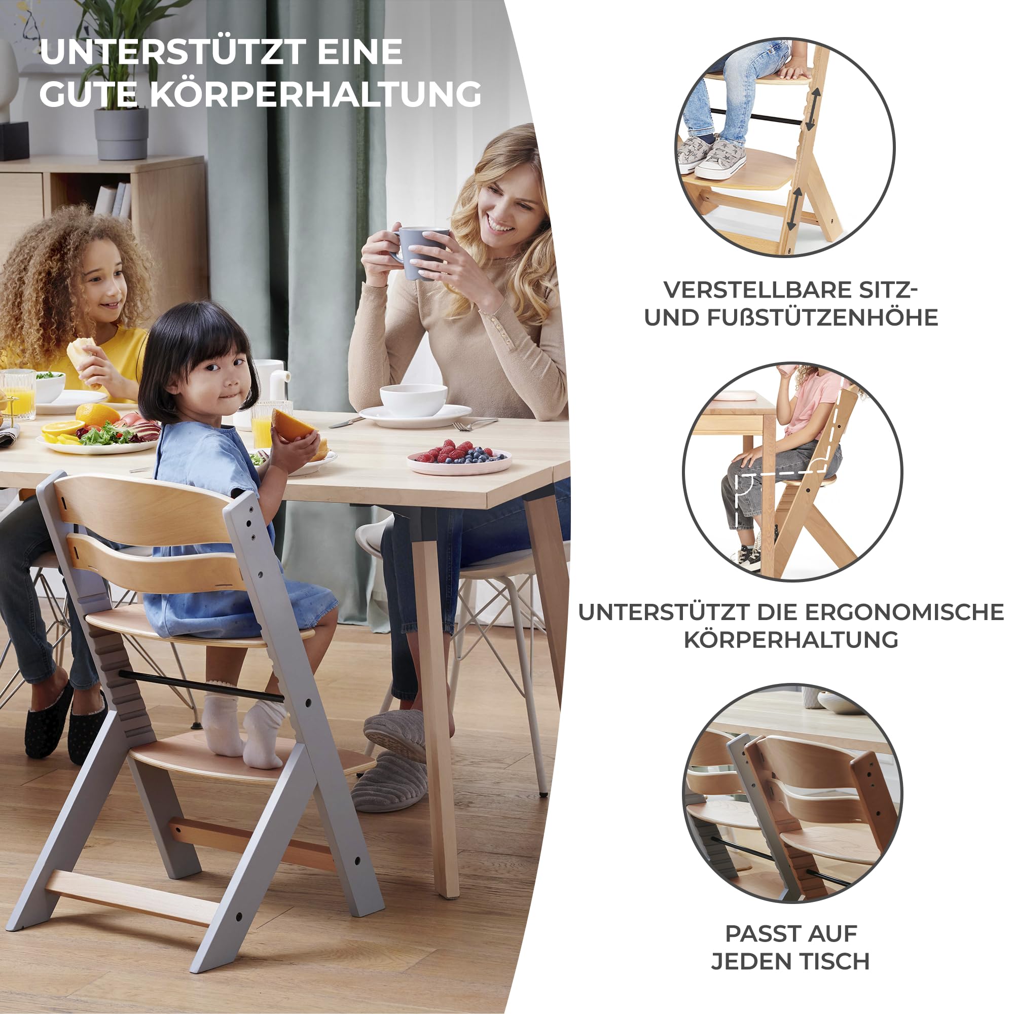 Kinderkraft ENOCK Hochstuhl & Kinderstuhl 2in1 aus Buchenmassivholz, mitwachsend von 6 Monaten bis 10 Jahre, verstellbare Rückenlehne & Fußstütze, 3-Punkt-Gurt, bis 35 kg, Grau 4