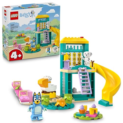 LEGO Bluey Playground Fun with Bluey and Chloe - Toy for 4+ Year Old Girls & Boys - incl. 2 Minifigures, a Functional Pink See-Saw, Slide, Climbing Frame & 3 Plants - Gift for TV Show Fans - 11201