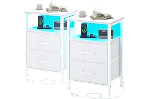 TRIFEBLE Nightstands Set of 2, Night Stand with Charging Station and Led Lights, Bedside Table with 2 Fabric Drawers for Bedroom, Small Side End Table with Open Shelf, White