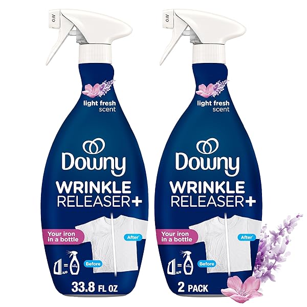 DOWNY WRINKLE RELEASER SPRAY, ALL IN ONE WRINKLE RELEASE SPRAY, ODOR ELIMINATOR, STATIC REMOVER, FABRIC REFRESHER & IRONING AID FOR CLOTHES, 33.8 FL OZ (PACK OF 2), LIGHT FRESH SCENT