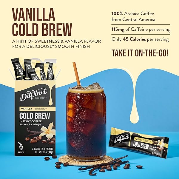 DAVINCI GOURMET VANILLA COLD BREW STICK PACK, INSTANT COFFEE POWDER, 6 COUNT