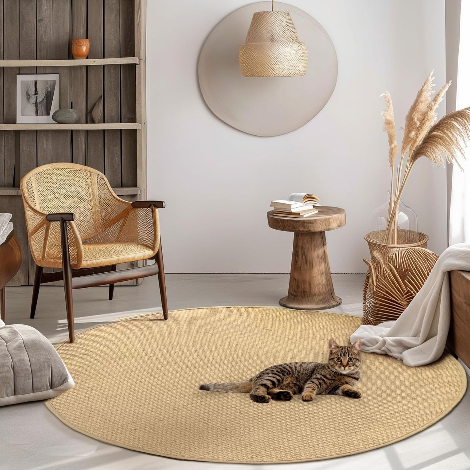 Photo 1 of Wylumen Jute Round Rug 5.2ft Circle Area Rug Indoor Outdoor Living Room Patio Kitchen Rug Boho Natural Color Bedrom Carpet Farmhouse Woven Design Decorative Floor Rug