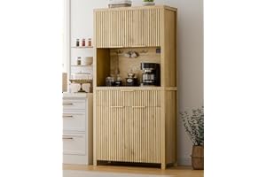 Lulive 71" Fluted Pantry Cabinet with Charging Station & Adjustable Shelves, Spacious Kitchen Storage Cabinet with Open Countertop & Drawer for Dining Room, Living Room, Natrual