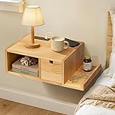 Afuly Floating Nightstand with Charging Station Bedside Table with Drawer | Wall Mount Side Table with Open Shelf, Hanging Pine Wood End Table, Modern Natural Furniture for Small Bedroom,Apartment,Dorm