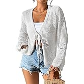 Women Lightweight Tie Front Cardigan Crochet Hollow Out Long Sleeves Summer Knit Cardigans