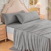 OMERAI 4PCS Cooling Sheet Set King Size, Breathable Bed Sheets, Grey | Includes 1 Flat Sheet, 1 Fitted Sheet &amp; 2 Pillowcases, Q-Max >0.45 Soft Smooth Deep Pockets 16&ldquo; Bed Sheets for Summer