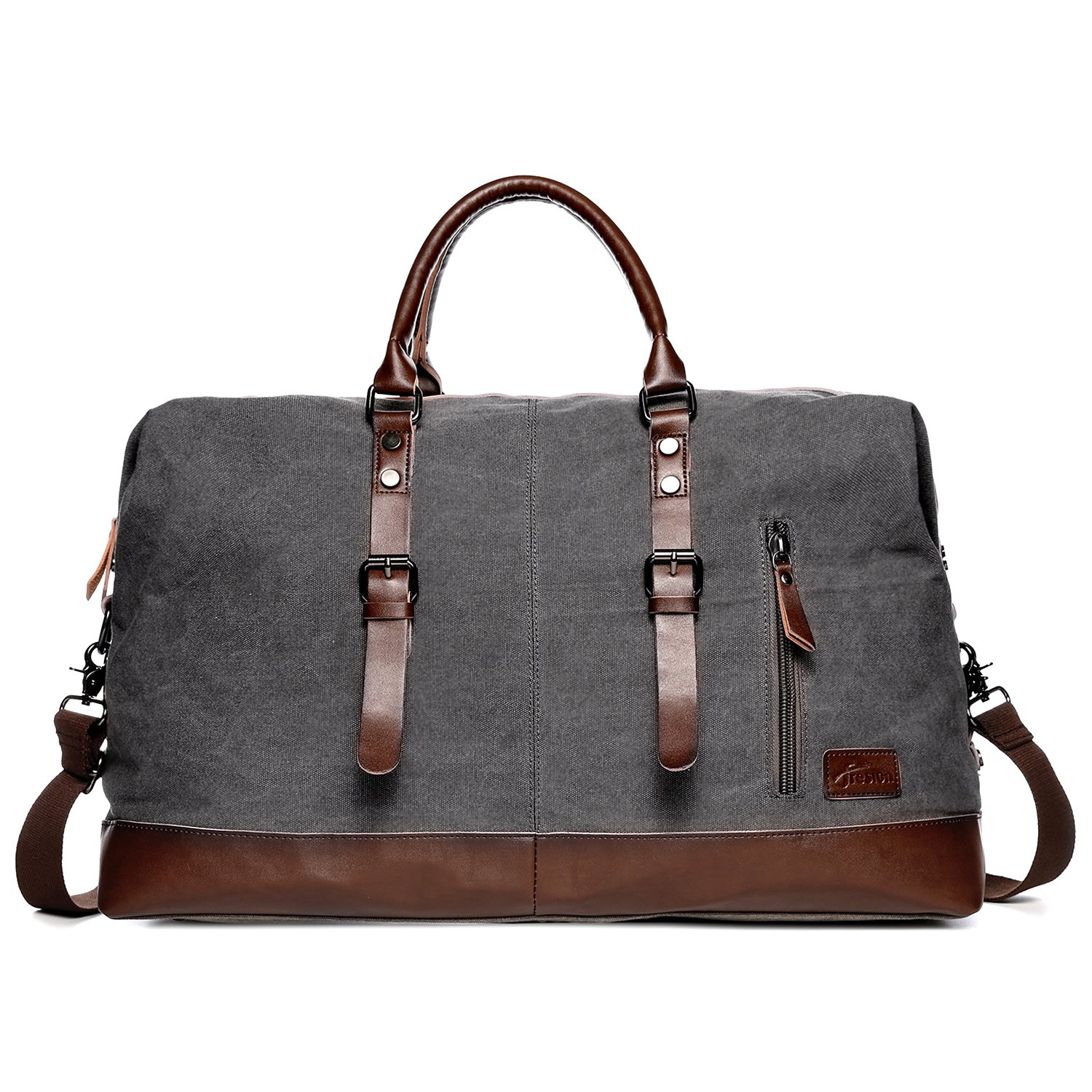 Sports Holdall Weekend Travel Duffel Bag,Fresion Portable Canvas Handbag Carry on Overnight Bags with Genuine Leather (Grey)