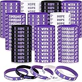 Wavyknot 100 Pcs Domestic Violence Awareness Bracelets Bulk Purple Ribbon Silicone Wristbands Epilepsy Lupus Pancreatic Alzheimers All Cancer Awareness Items for Hope Strength Faith Courage Health