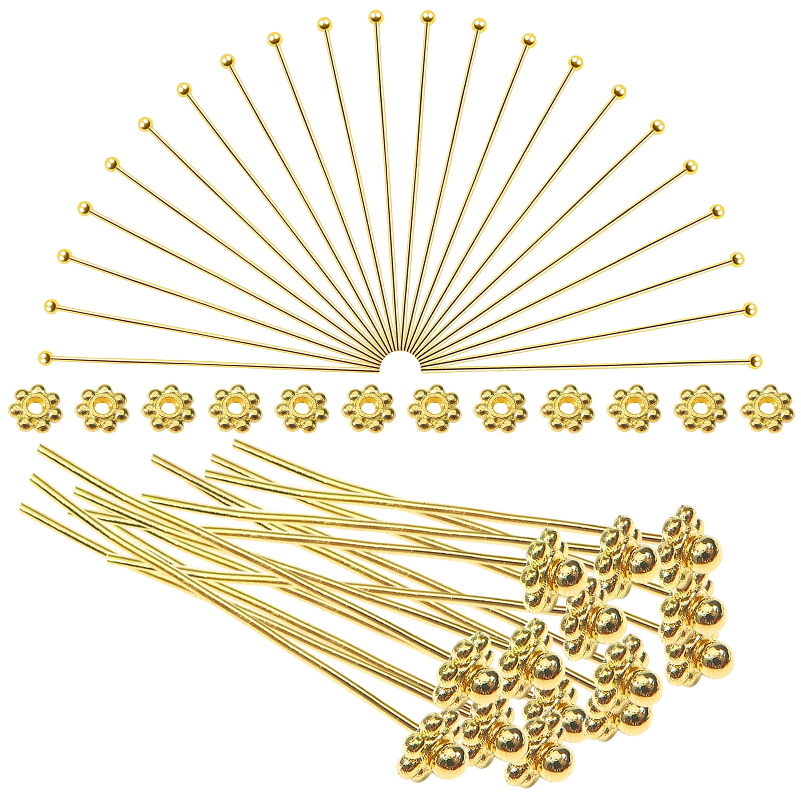 TOAOB 200pcs 50mm Golden Tone Brass Ball Head Pins Needles Jewelry Pins and Spacer Beads Suitable for 0.8mm to 4mm Holes
