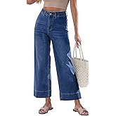 GRAPENT Wide Leg Jeans for Women Cropped Trendy High Waisted Welt Pocket Stretchy Denim Pants Distressed Trouser Jeans