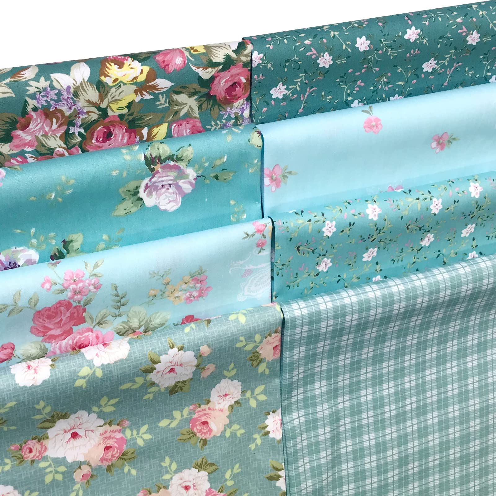 8Pcs 18x22 inch Cotton Fabric Green Floral Rose Fat Quarters Fabric Pre-Cut Quilt Squares for Patchwork Quilting and DIY Sewing Projects