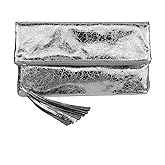 JNB Women's Cracked Metallic Fabric Foldover Clutch with Tassel