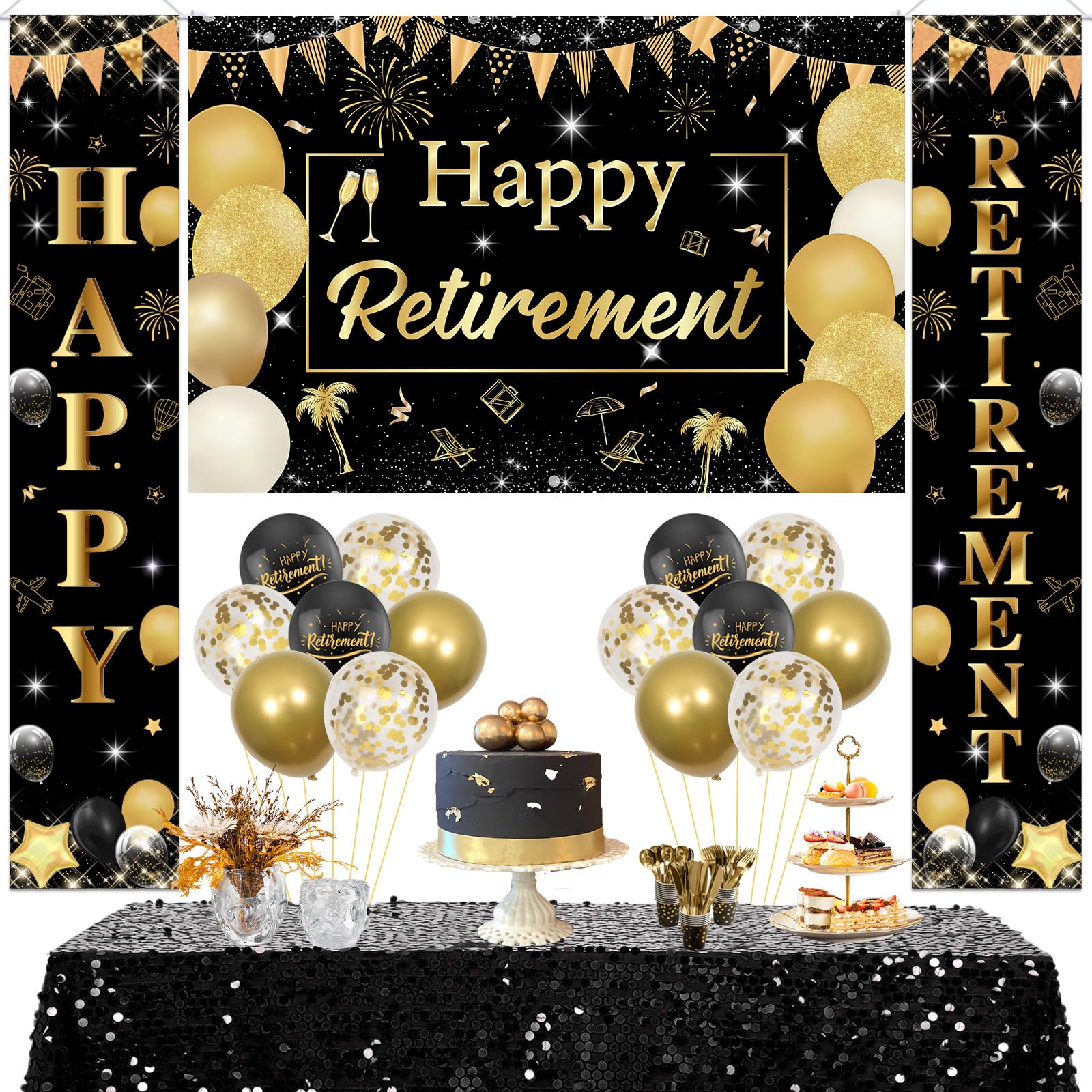 Sursurprise Retirement Party Decorations Black Gold, Happy Retirement Door Banner Backdrop, Retired Balloons for Women Men