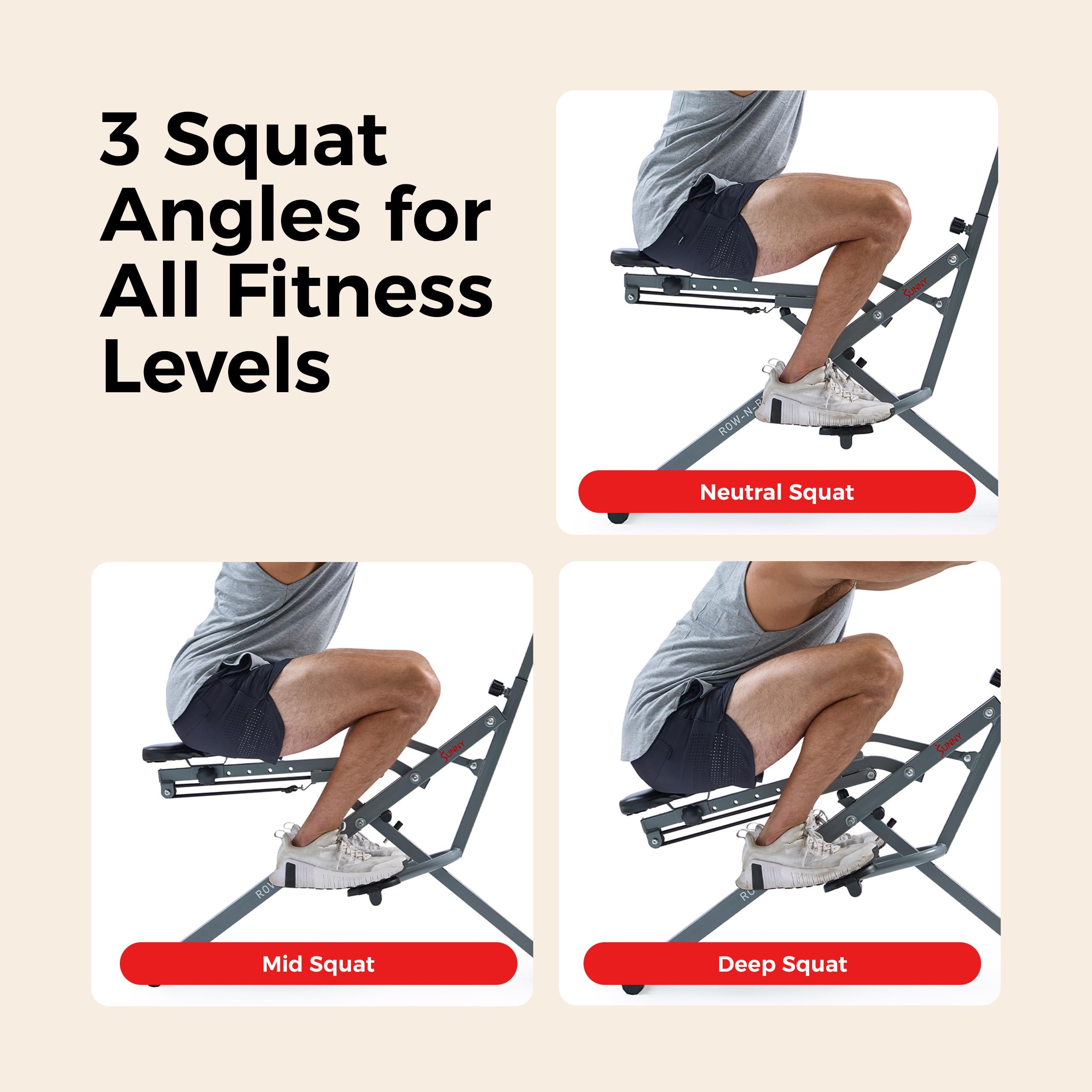 Sunny Health & Fitness Smart Row-N-Ride Glute & Leg Trainer, Foldable Squat Assist Rower with Exclusive SunnyFit App Connection