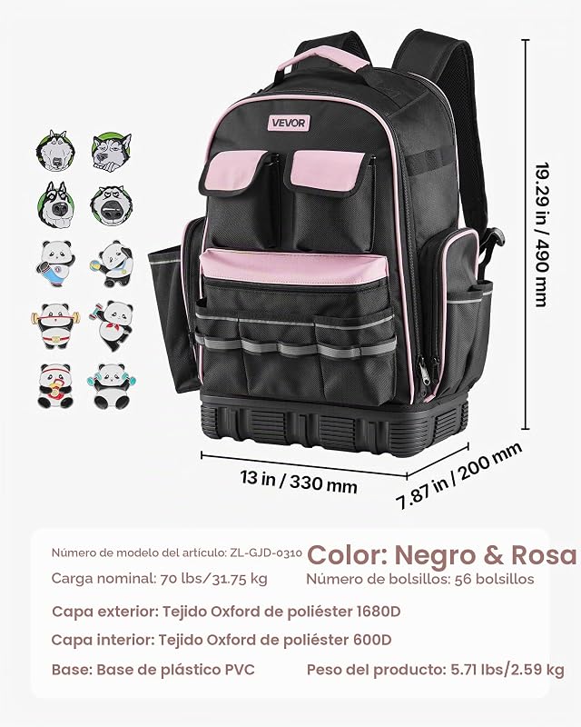 Mochila de ferramentas, mochila de trabalho 330 x 200 x 490 mm com 56 bolsos, compartimento para portátil e base moldada, organizador de ferramentas para eletricistas e reparadores