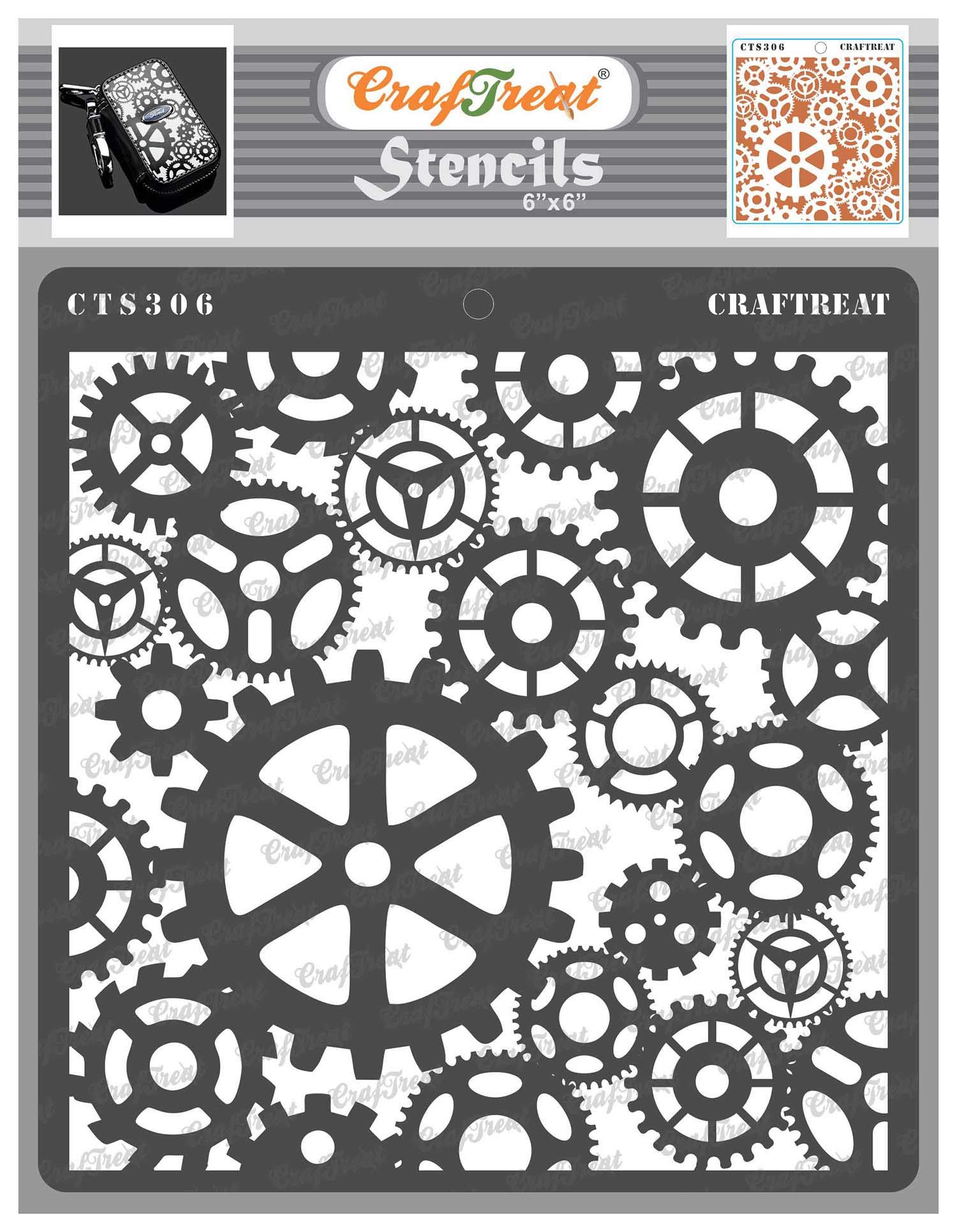 CrafTreat Reusable Steampunk Stencils for Painting on Wood, Canvas, Paper, Fabric, Floor, Wall and Tile - Gears Stencil - 6x6 Inch - DIY Art and Craft Stencils - Clock Gear Stencil