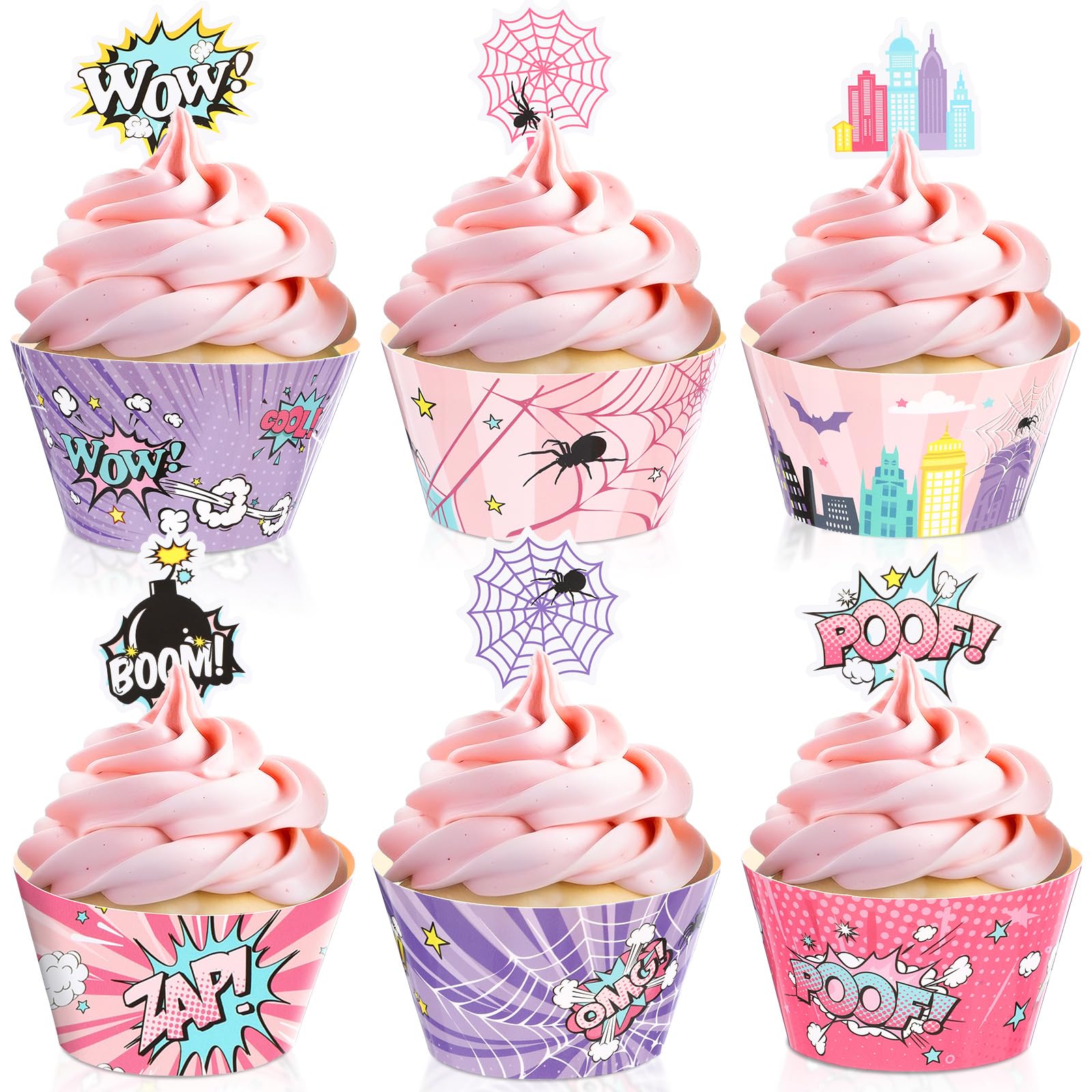 View 1 of Pajean 60 Pieces Pink Spider Cupcake Toppers and Wrappers, Hero Cupcake Decorations for Girl Birthday Baby Shower Party Decorations Supplies