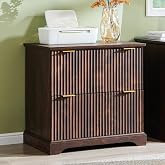 30"File Cabinet w/Charging Station, w/Files Hanging Rod for Letter/Legal/A4 | 30" Fluted Lateral File Cabinet, Large Tabletop for Printer, Office Wood Printer Cabinets, Dark Walnut