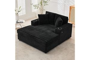 60-Inch Oversized Chaise Lounge Chair for Apartments, Comfy Corduroy Sofa with Charging Station, Cup Holders & Throw Pillows,