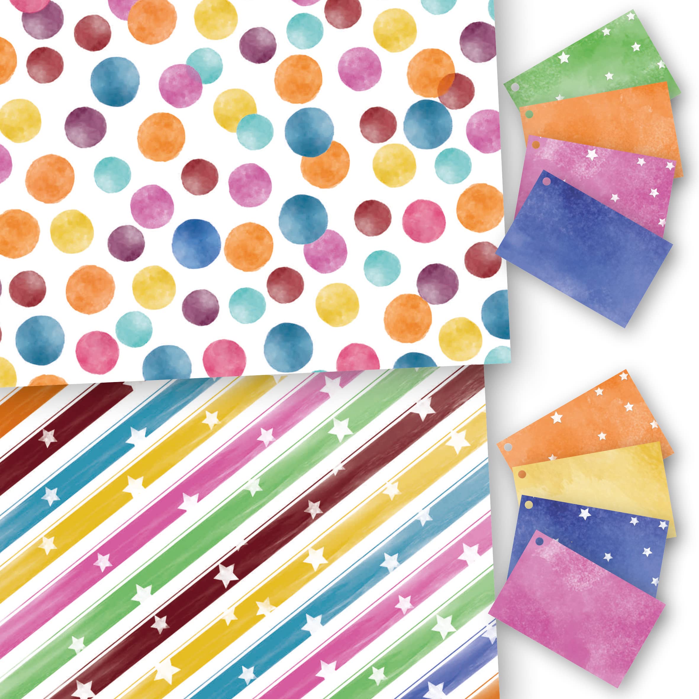 Colourful Gift Wrap. Stars & Stripes/Dots Twin Design Pack. 8 XL Sheets (50 x 70cm), 4 of Each Design. Wrapping Paper with Matching Tags. Cutting Grid on Reverse. by Absolutely Yours.