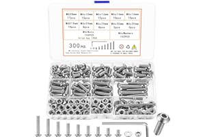QOOSIKICC 300 Pcs M6 Nuts and Bolts Assortment Kit, Pan Head Machine Screws, Hex Button Head Socket Cap Screws, Bolts and Washers, Stainless Steel Metric Screw Assortment, Fully Threaded