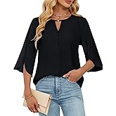 Blooming Jelly Womens Dressy Casual Blouses Keyhole Business Work Tops 3/4 Ruffle Sleeve Pleated Summer Shirts 2025