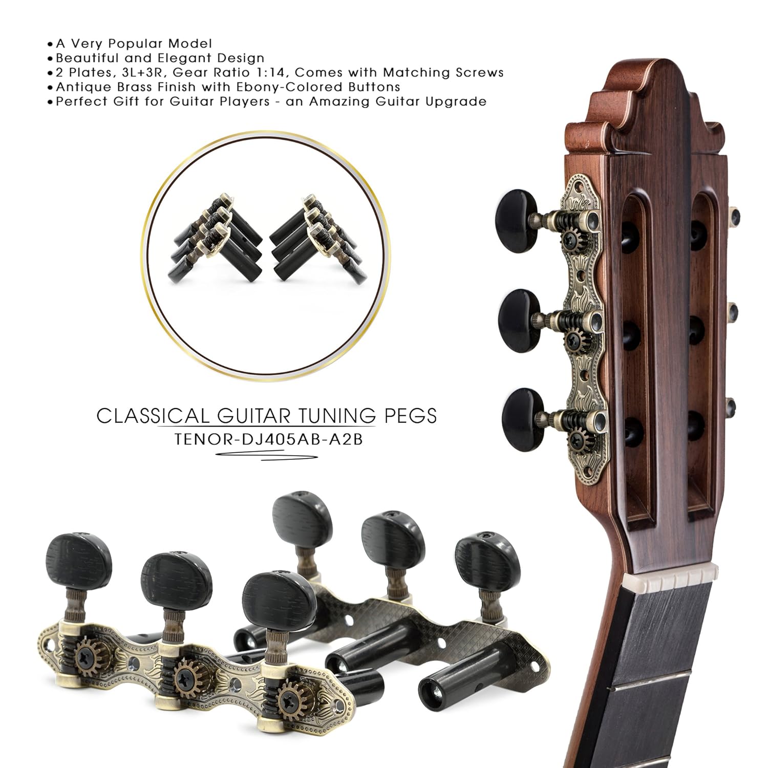 Tuning Key Pegs Machine Heads For Classical Or Flamenco Guitar In Black And Gold With Ebony Colored Buttons Dj207gk A2b Tenor Classical Guitar Tuners Tuning Pegs