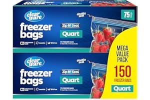 CLEARWARE Quart Freezer Bags - Double Zipper Seal -150 Count, (2 Packs of 75) Resealable Plastic Freezer Containers - Reusable Pouches for Food Storage, Meat, Fresh Vegetables, Fruit - Microwave-Safe, BPA Free
