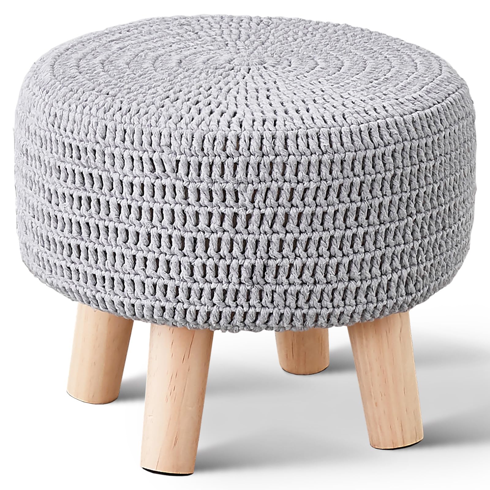 Photo 1 of Wimarsbon Small Ottomans, 100% Hand Knitted Pouf Ottoman, Round Footrest with 4 Non-Skid Wood Legs, Boho Décor Cotton Rope Pouffe Beside Sofa, Leisure Floor Step Chair for Living Room (Grey)