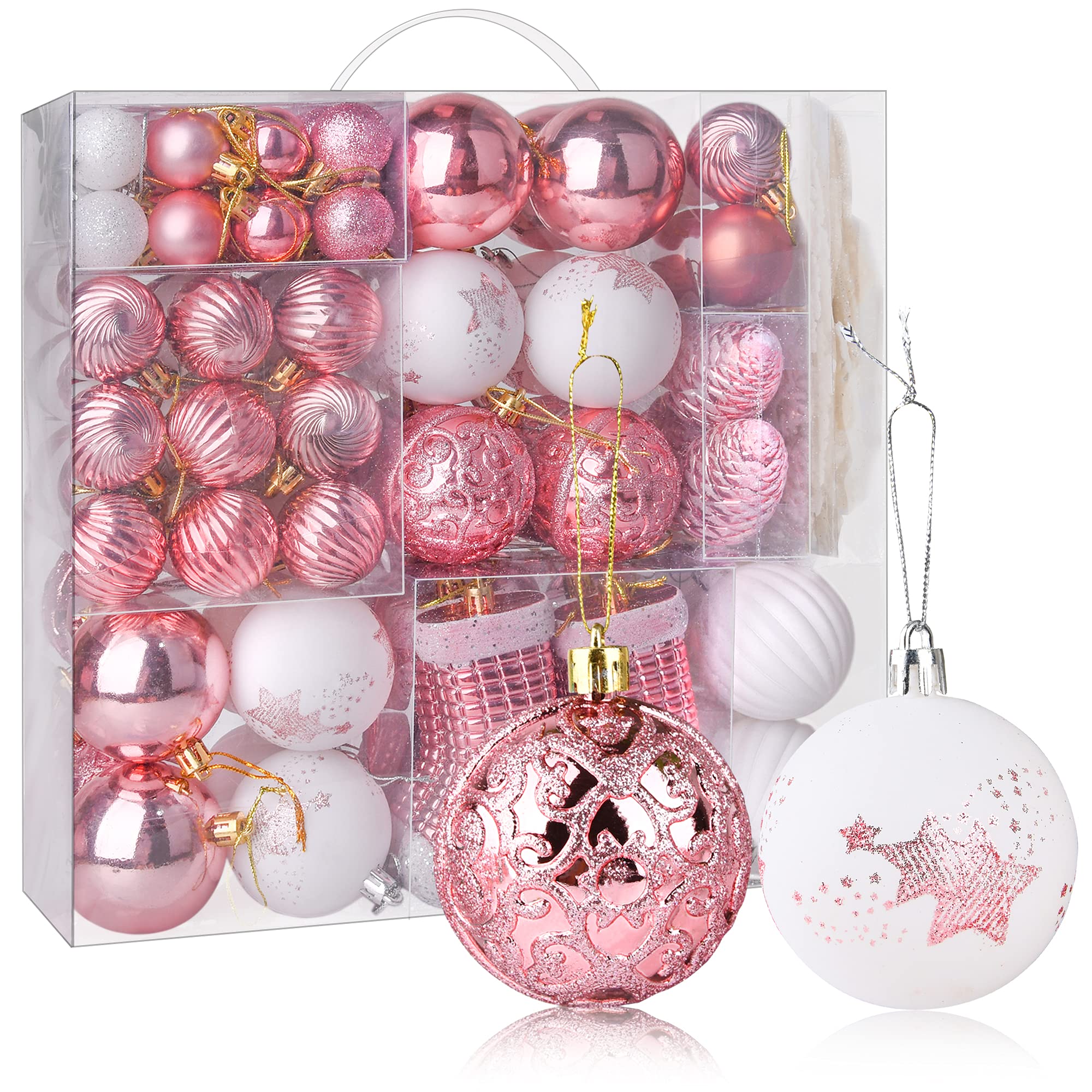 PIIDUOO Christmas Baubles Shatterproof Pink White Christmas Tree Baubles Decorations Set Xmas Ball Ornaments, assorted sizes, 114pcs