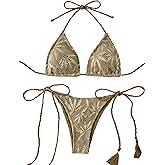 SEGT Women's Fishnet 2 Piece Bikini Sets Tie Side Halter Bathing Suits Deep V Neck Cheeky Swimwear Swimsuit