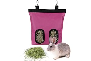 LENPESTIA Rabbit Hay Feeder Bag Guinea Pigs Hanging Hay Rack Manger Holder Dispenser Small Animal Feeder Storage Pouch for Bunny Chinchilla Hamster (Pink, 2 Windows)