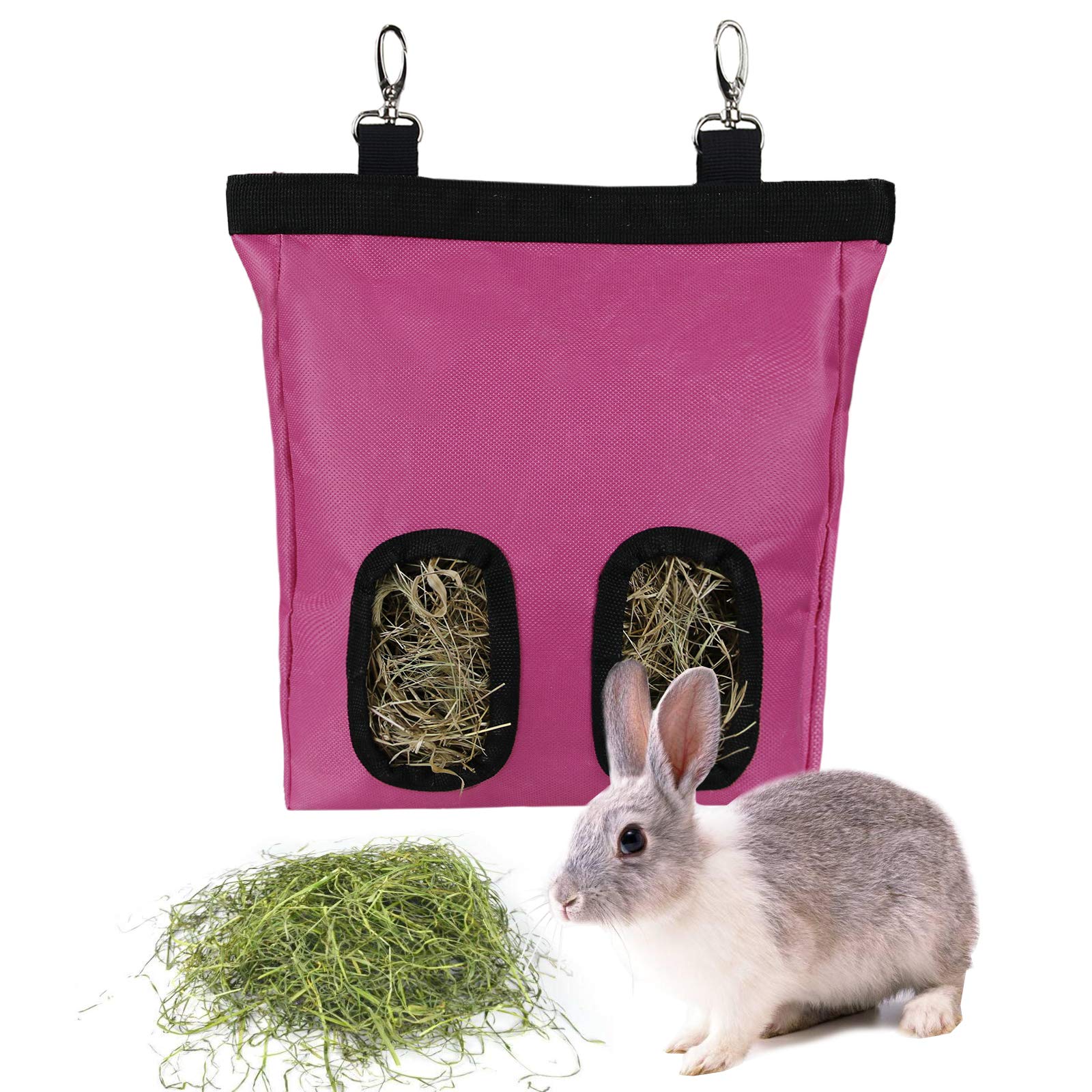 Rabbit Hay Feeder Bag Guinea Pigs Hanging Hay Rack Manger Holder Dispenser Small Animal Feeder Storage Pouch for Bunny Chinchilla Hamster (2 Windows, Pink)