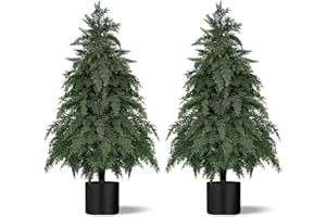 YANGRASS 2Pack Artificial Topiary Trees, 3FT Faux Cypress, Faux Evergreen Pine Shrubs Plants with Pot, Potted Plants for Front Porch Indoor Outdoor Garden Christmas Decor