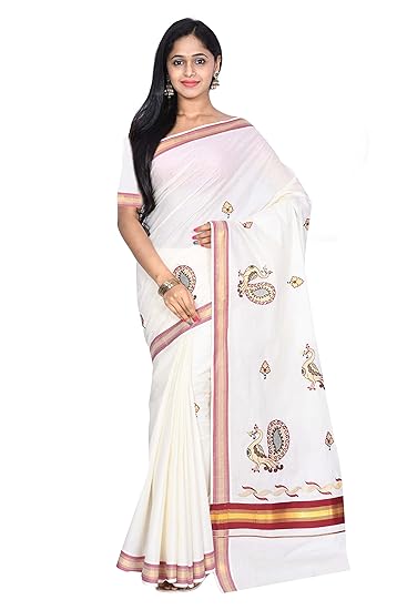 Women's Kerala Cotton Saree with unstitched blouse (MADSKS6010_Halfwhite)