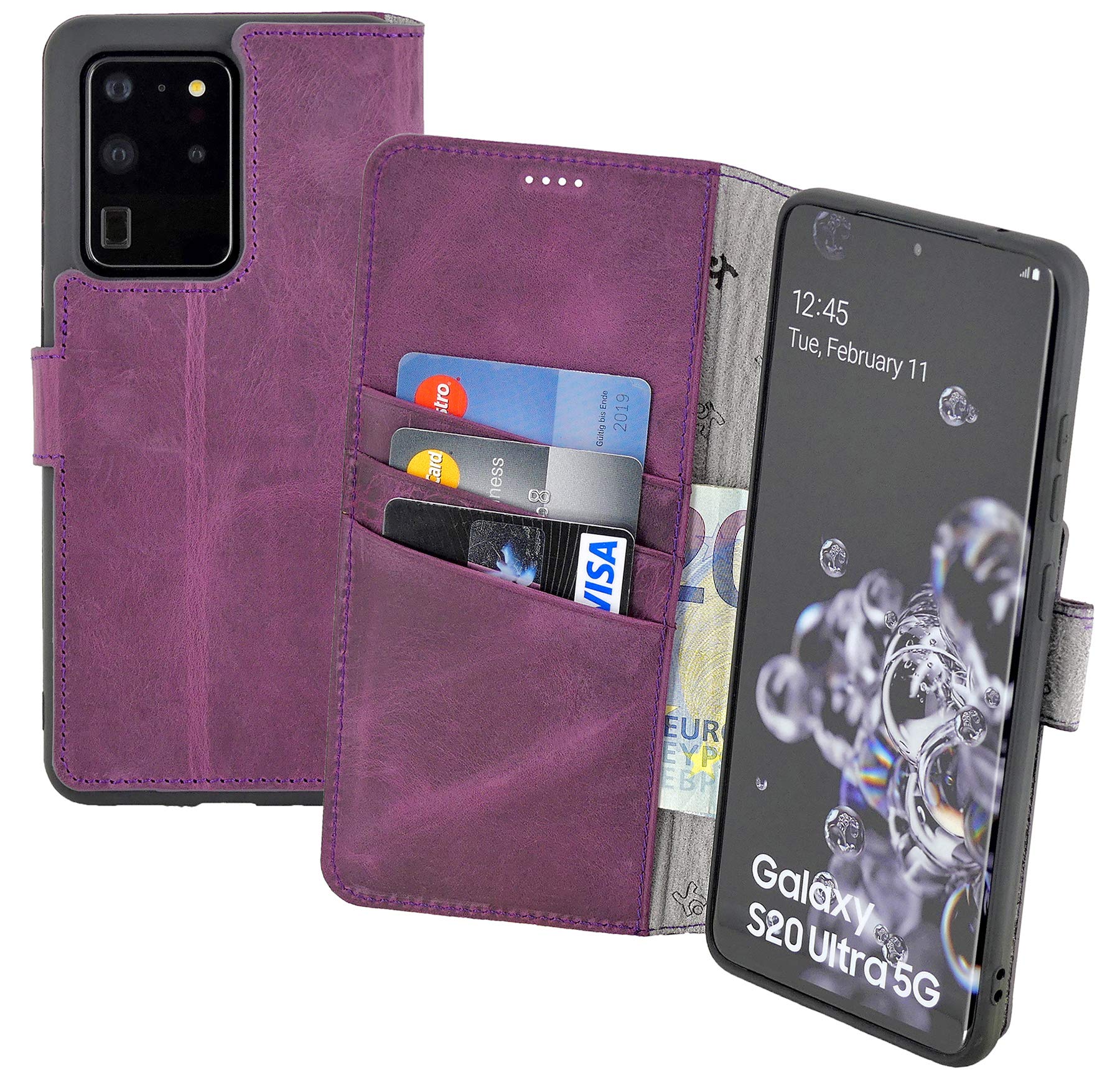 Suncase Book-Style Case Compatible with Samsung Galaxy S20 Ultra Leather Case (Slim Fit) Leather Mobile Phone Case Protective Case with 3 Card Slots in Antique Purple