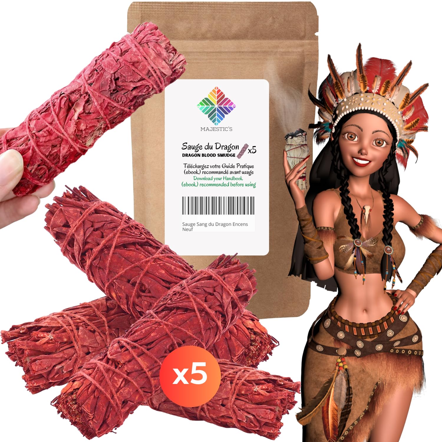Dragon Blood Red Sage, White Sage Burn Purification x 5 Sticks + Handy Ebook (PDF) - Native American Sage Sticks to Purify Negative Energy