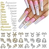 JERCLITY 48 Pieces Gold Silver Alloy Zodiac Nail Charms Zodiac Signs Nail Studs Constellation Words Charms for Nails Twelve Constellation Set for Women Girls