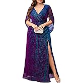 TIARALY Plus Size Formal Maxi Dress Sparkly Cape Sleeve V Neck Side Split Wedding Guest Prom Evening Gown Gala