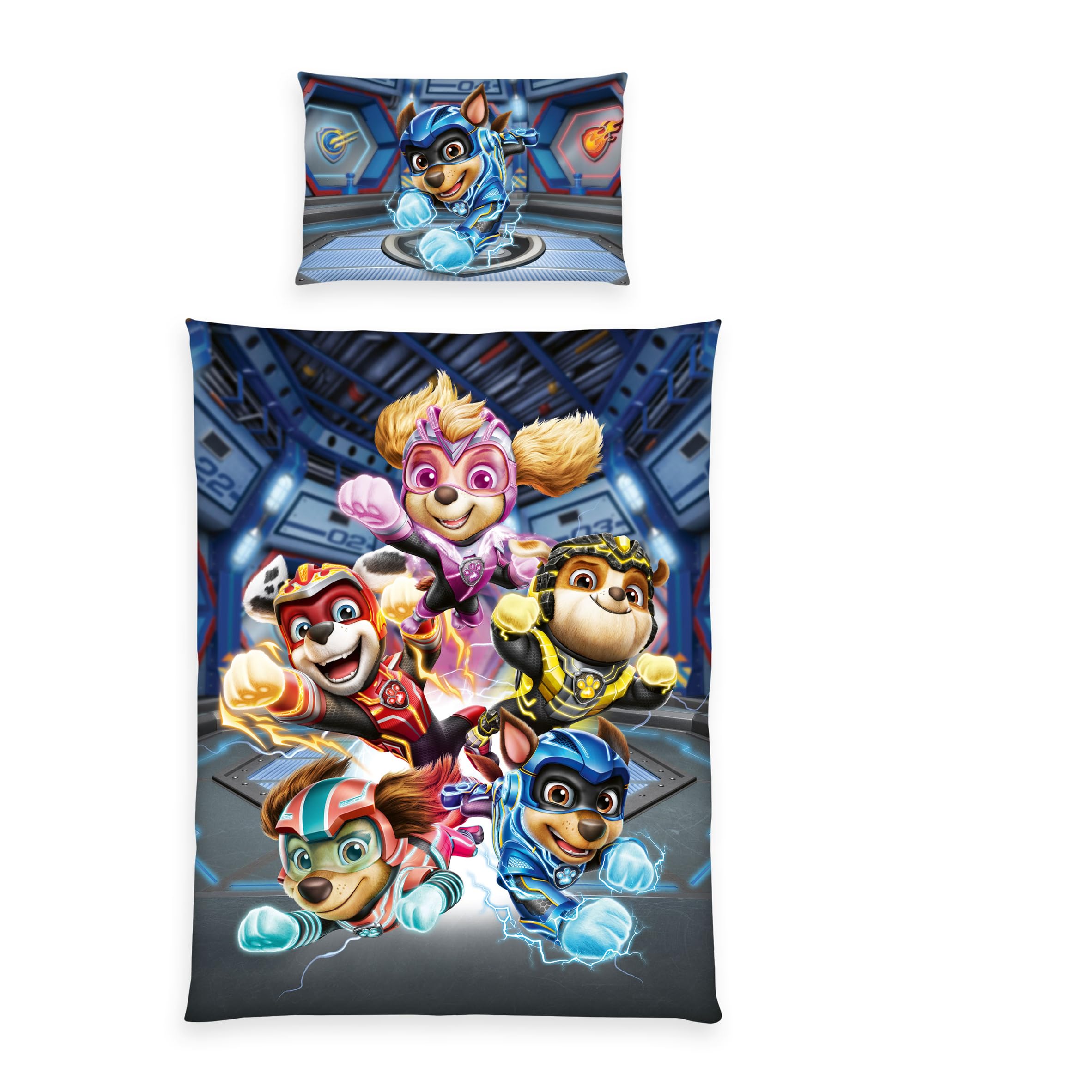 Herding Paw Patrol Bed Linen, The Mighty Cinema Film, Pillowcase 65 x 100 cm with Zip and Reversible Motif, Duvet Cover 160 x 210 cm, with Zip, 100% Cotton/Renforcé
