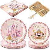96Pcs Princess Castle Birthday Party Supplies Plates Napkins and Forks Set for 24 Guests, Pink Floral Castle Tableware Set for Girl Birthday Party Baby Shower Decoration
