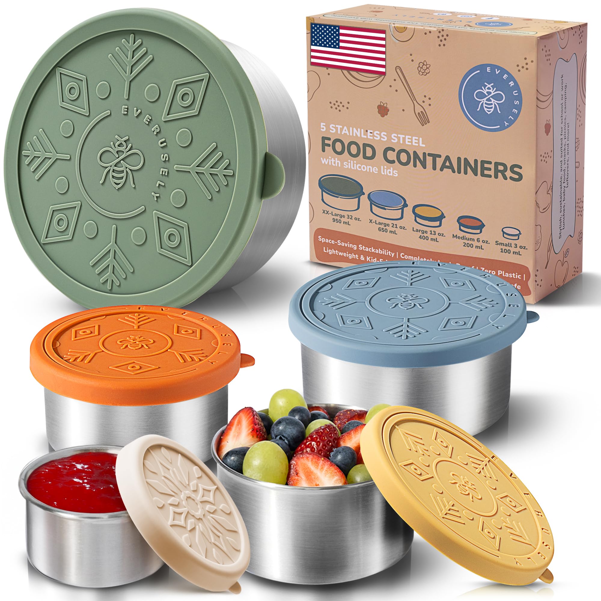 Photo 1 of Everusely - Stainless Steel Containers with Lids - Set of 5, Muted Collection - Leakproof Stainless Steel Food Containers - Nesting Snack Holders - Metal Lunch Box - Portable & Reusable Meal Kit